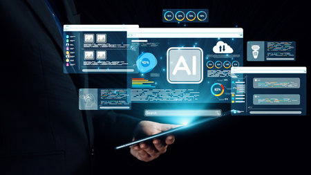 A businessman engages with a futuristic digital interface showcasing AI technology, data analytics,...