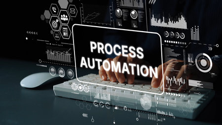 Process Automation Concept with Hands on Keyboard and Digital Interface Elements Displayed on...