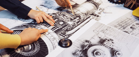Group of hands actively collaborating on technical drawings of engine components, showcasing...