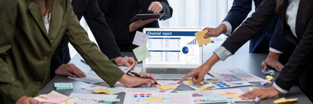 Analyst team use sticky note for creative and analytic brainstorm for business idea with BI data...