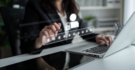 User authentication and password protection concept showing secure login, privacy safeguard, data protection, access control, and digital identity verificationの写真素材