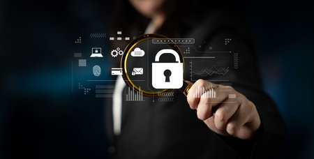 Digital cyber security lock system highlighting data security encryption, cyber password protection,...