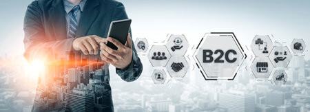 B2C strategy focus on delivery products directly to consumer. Successful B2C model enhance consumer engagement, streamline B2C logistics, and boost consumer satisfaction through digital retail.の写真素材