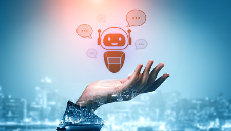 AI chatbot virtual assistant interacting with users through AI conversation bubbles, symbolizing AI...