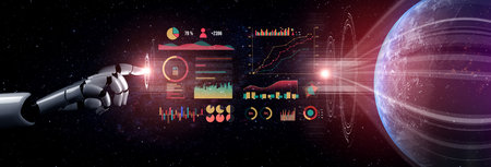 Futuristic Robot Hand Interacting with Data Charts and Space Elements for Technology and Innovation...