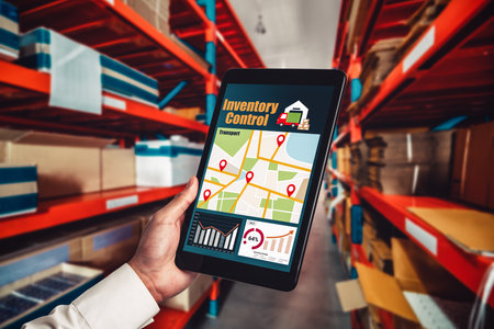 Warehouse management innovative software in computer for real time monitoring of goods package...