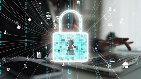 This image illustrates a digital lock symbolizing heightened cyber security measures amidst a...