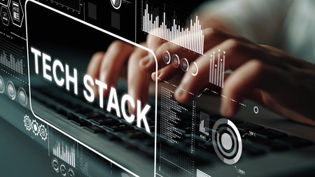Futuristic Concept of Technology Stack with Hands Typing on Laptop and Data Visualization Elements....