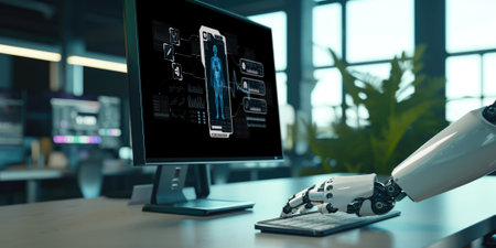 Medical science technology and futuristic healthcare virtual computer software analyze human health and diagnose disease for doctor data and medical research. briskの素材