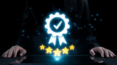 A business professional hands highlight a glowing award symbol, emphasizing recognition and success...