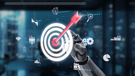 A futuristic robot hand interacts with a digital interface, symbolizing advanced data analysis and...