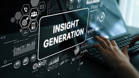 Digital Concept of Data Analysis and Insight Generation with Futuristic Graphs and Charts on a...