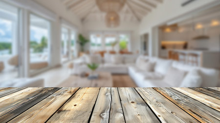 Wooden table top against a blurred setting of a coastal living room with ocean views, ideal for advertising presentations and product displays.の素材
