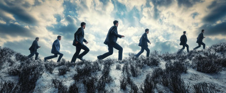 A striking image of multiple figures walking through a snowy landscape beneath a dramatic sky, showcasing movement and individuality in natures vastness.の素材