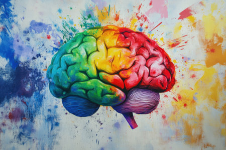 This striking artwork features a colorful brain design that symbolizes creativity and imagination, showcasing vibrant hues and energetic splashes.の素材