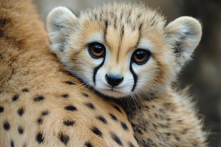 A charming cheetah cub gazes innocently while snuggling against its parents back. The captivating image showcases the warm bond and delicate features of these young wild cats.の素材