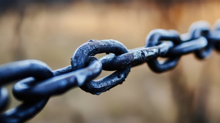 This close-up image captures the intricate details of a steel chain link, highlighting its texture and strength against a softly blurred background, ideal for industrial themes.の素材
