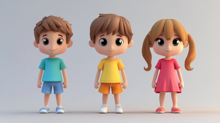 This vibrant illustration showcases three cheerful cartoon children in bright outfits, embodying joy and playful spirit. Perfect for youth-themed projects.の素材