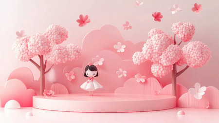 This charming paper craft scene features a girl surrounded by pink blossom trees, perfect for evoking a sense of springtime delight and creativity.の素材