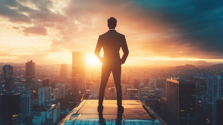 A man in a suit stands on a rooftop, gazing at a stunning sunset over a sprawling city. This image represents ambition, success, and professional growth in a breathtaking urban setting.の素材