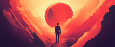 A mesmerizing surreal landscape featuring a silhouetted figure against a vivid sunset, surrounded by dramatic mountain peaks and emotional colors.の素材