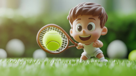 A cheerful cartoon character joyfully plays tennis on a vibrant green grass field, embodying the essence of fun and childhood sportsmanship in a lively atmosphere.の素材