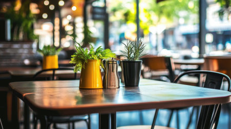 This image features a cozy cafe interior showcasing wooden tables and lively plants. Sunlight streaming through the windows enhances the inviting atmosphere.の素材