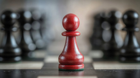 A striking red pawn chess piece stands prominently in focus, surrounded by black pawns. This image captures the essence of strategy and competition in a classic board game.の素材