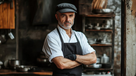 A confident chef stands with arms crossed in an industrial kitchen. His serious expression and traditional attire reflect his professionalism in the culinary arts, creating an inviting atmosphere.の素材