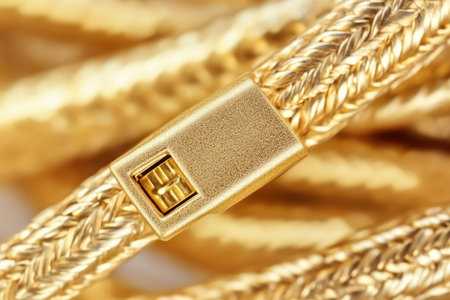 This close-up image showcases an elegant golden rope featuring a textured clasp, emphasizing luxury and sophistication. The intricate details highlight its premium craftsmanship.の素材