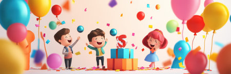 A cheerful scene depicting happy children celebrating with colorful balloons, confetti, and gifts, capturing the essence of joy and togetherness at a festive occasion.の素材