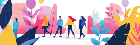 A lively illustration depicting a group of people walking through a colorful nature scene, showcasing vibrant foliage, trees, and a playful atmosphere that evokes joy and connection.の素材