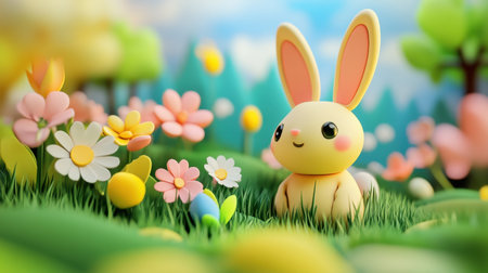 Adorable cartoon bunny sits in a colorful meadow filled with vibrant flowers and Easter eggs, embodying joy and the essence of springtime charm.の素材