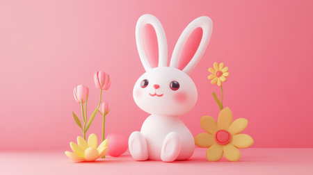 This charming rabbit character sits among vibrant flowers on a soft pink background, evoking a playful and joyful atmosphere perfect for celebrating springtime.の素材