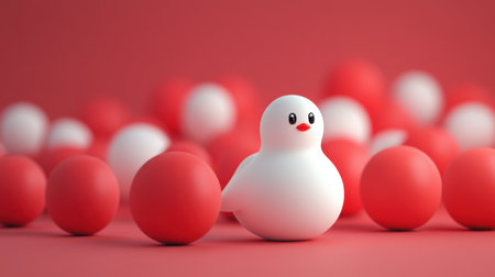 A charming white duck toy sits amidst red and white spheres on a pink background, creating a vibrant and playful composition perfect for kids themes.の素材