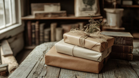 A charming arrangement of rustic wrapped gifts on a wooden table, featuring vintage books and soft natural elements. Ideal for cozy home decor themes.の素材
