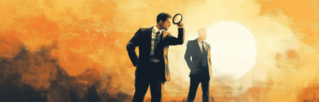 Two businessmen stand against a dramatic sunset, one using a magnifying glass to analyze data. This image symbolizes investigation, insight, and professional growth.の素材