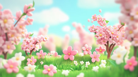 A serene landscape featuring vibrant pink blossom trees and delicate flowers in a lush green field, under a bright blue sky with fluffy clouds, capturing the essence of spring.の素材