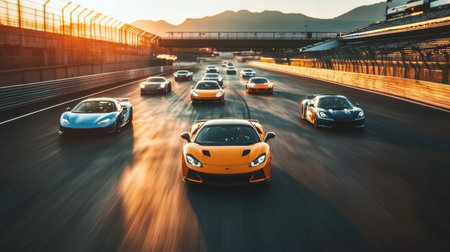 An exhilarating view of multiple sport cars racing on a track during a stunning sunset, showcasing speed, power, and dynamic performance in motion.の素材