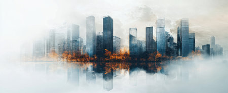 A tranquil foggy skyline showcases modern buildings reflected in calm water. The scene bathes in soft morning light, surrounded by autumn foliage.の素材