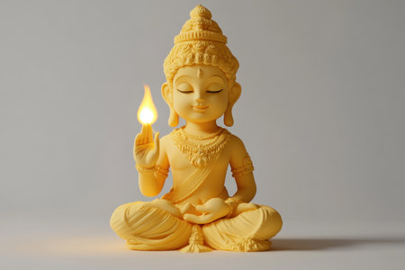 This elegant yellow figurine of Buddha holding a flame evokes a sense of peace and serenity. It symbolizes spirituality and mindfulness, perfect for meditation spaces.の素材