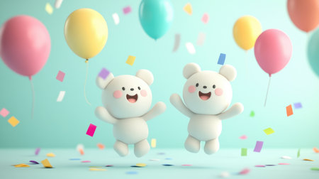 Two cheerful cartoon bears celebrate with colorful balloons and confetti, capturing the essence of joy and friendship in a vibrant and playful atmosphere.の素材