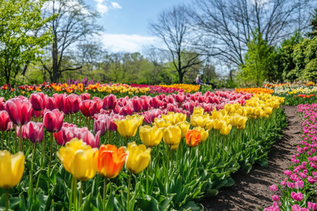 A stunning view of a vibrant tulip field showcasing a variety of colors. Sunlight filters through, creating a bright and cheerful scene perfect for showcasing natures beauty.の素材