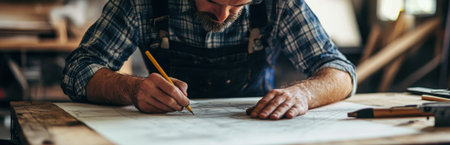 A skilled craftsman deeply focused on sketching intricate designs on large paper, surrounded by tools in a rustic workshop, highlighting creativity and artistry.の素材