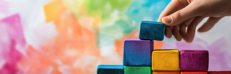 A childs hand carefully stacks colorful wooden blocks against a vibrant background, highlighting themes of creativity, play, and development in early childhood education.の素材