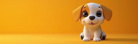 This cute cartoon dog character features big eyes and a playful expression, set against a vibrant yellow background. Perfect for kids decor or playful designs.の素材