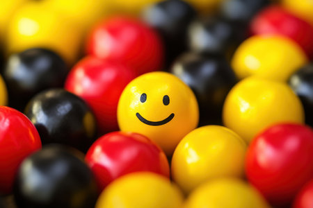 A cheerful yellow ball with a smiling face stands out among colorful marbles in red, yellow, and black. This vibrant arrangement evokes joy and positivity.の素材