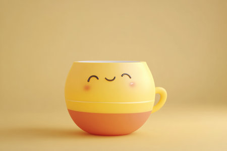 This charming yellow mug features a delightful smiley face, set against a soft yellow background. Its playful design adds joy to any setting.の素材