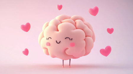 This charming cartoon brain character exudes joy and love with pink hearts floating around. Ideal for creative projects, educational materials, or designs focused on happiness and wellbeing.の素材