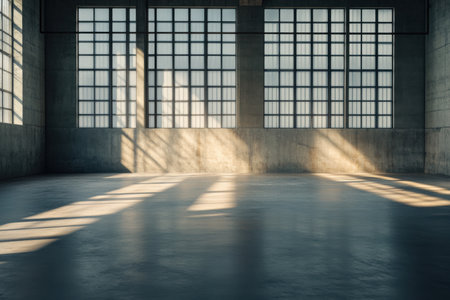 A spacious industrial interior featuring large windows that flood the area with natural light, creating dramatic shadows on the smooth concrete floor.の素材